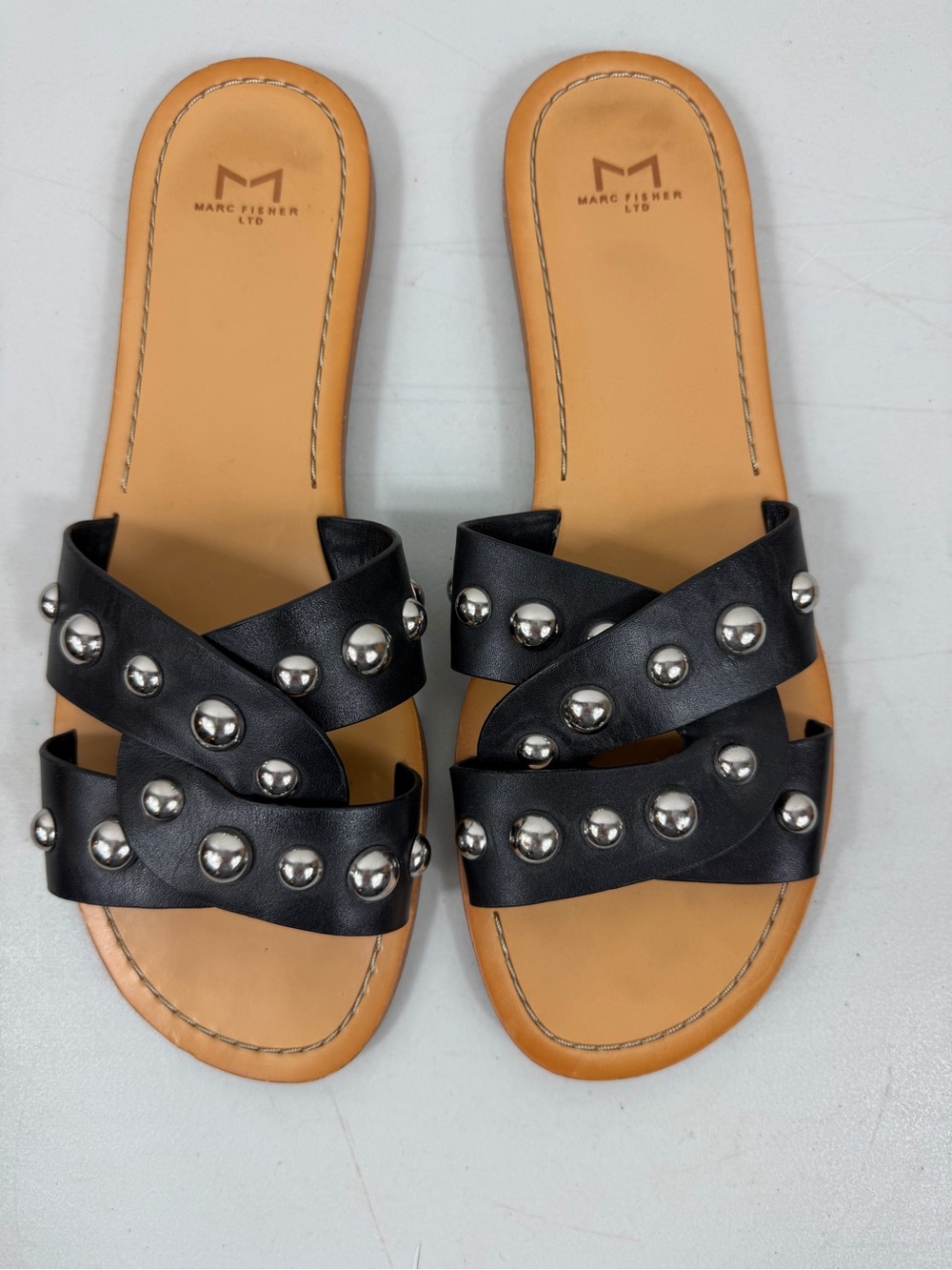 Marc Fisher Black Studded Leather Slide Sandals 9